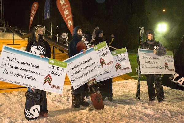 The 2012 Parklife Invitational winners; Irish Orla Doolin (back this year), Eric Beauchemin from California, Dutch skier Isabelle Hanssen (also back this year) and American Gus Kenworthy.